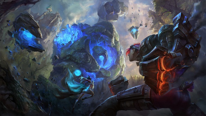 League of Legends: Vi and Ahri battle amidst floating rocks