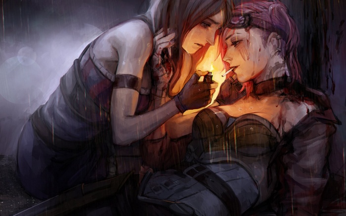 Katarina and Vi from League of Legends in the rain