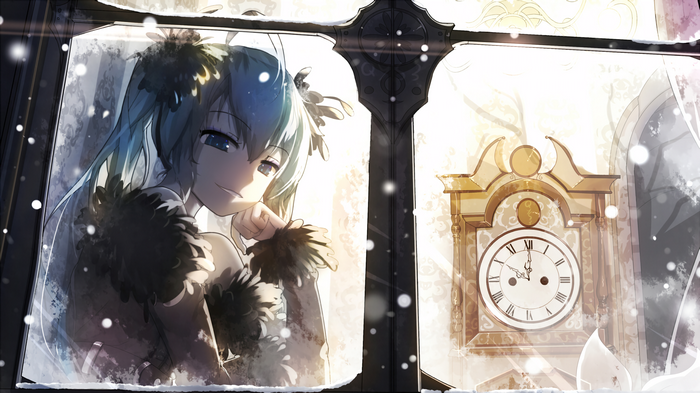 Hatsune Miku looking out a window on a snowy day
