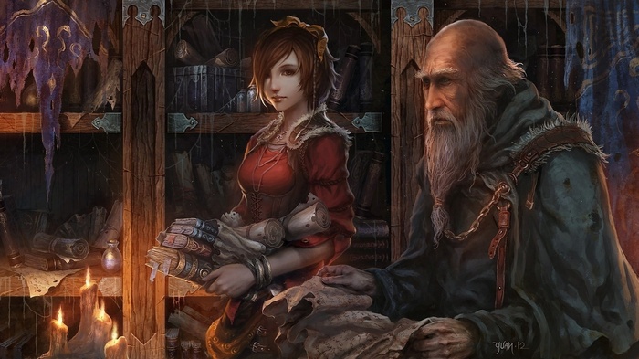 Diablo III: Deckard Cain and a young woman in a library