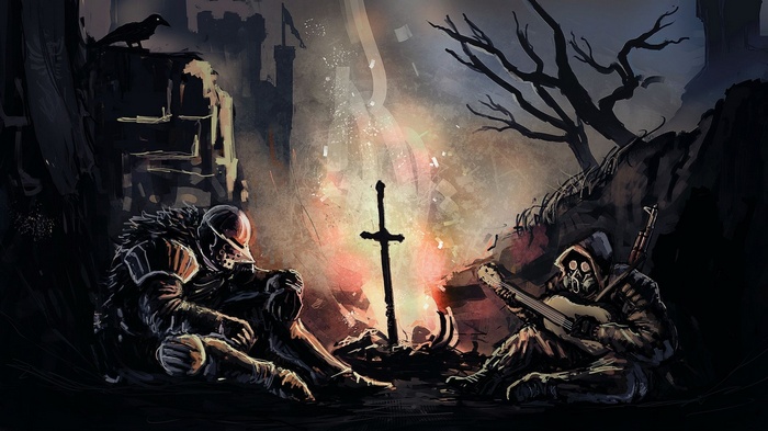 Dark Souls and S.T.A.L.K.E.R. characters by a bonfire