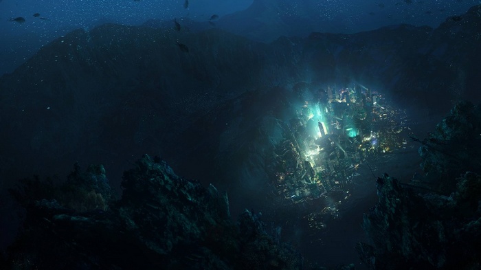 BioShock underwater city with glowing lights