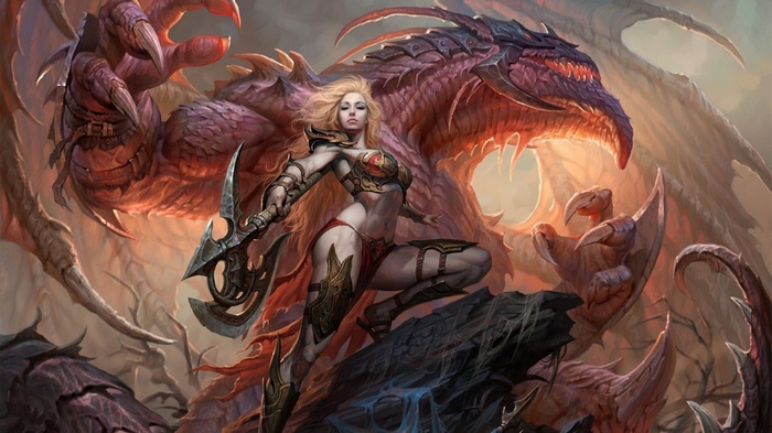 Fantasy art of a warrior woman and a dragon