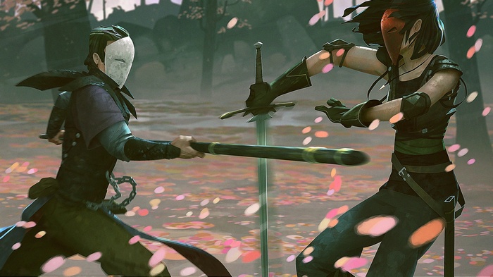 Two masked warriors fighting with swords and a staff