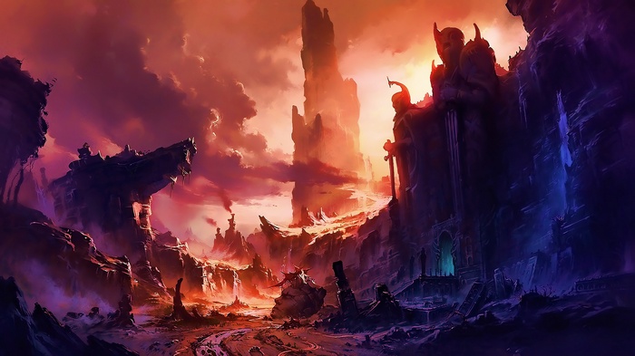 Fantasy landscape with ruins and tall rock formations