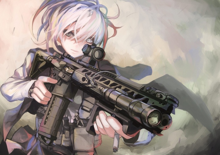 Anime girl with white hair holding an LVOA-C rifle