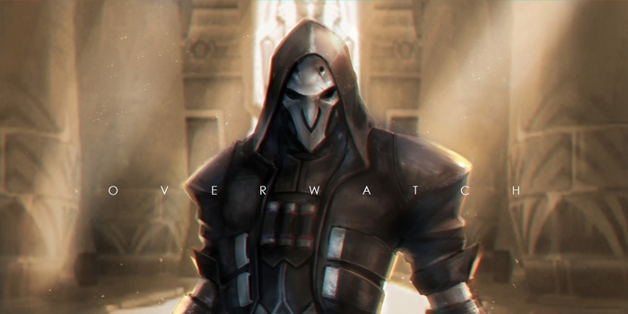 Reaper from Overwatch in a stone hall