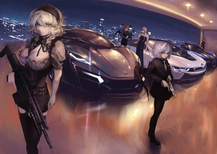 Anime girls with guns and luxury cars at night