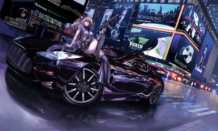 Anime girl with gun on Aston Martin in New York City