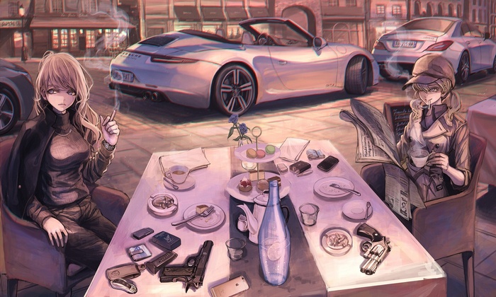 Anime girls smoking with Porsche cars and guns