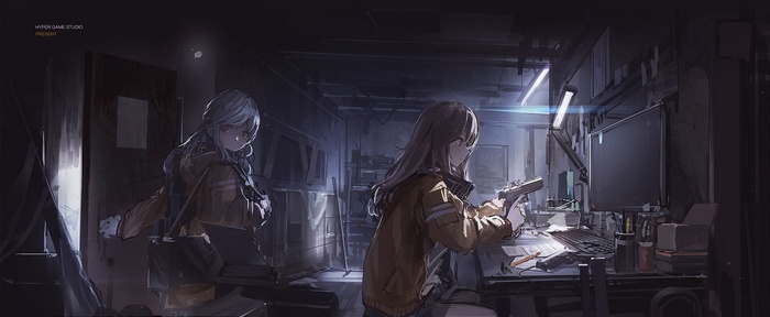 Anime girls with guns in a dark room