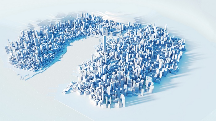 Minimalist 3D city with skyscrapers and shadows