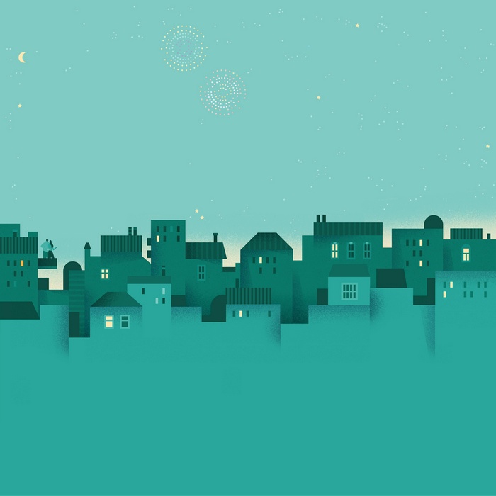 Digital art cityscape with fireworks and crescent moon
