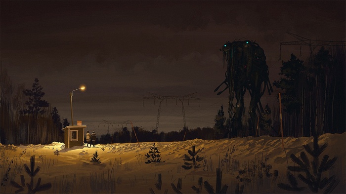 Simon Stålenhag artwork of a robot in a snowy landscape