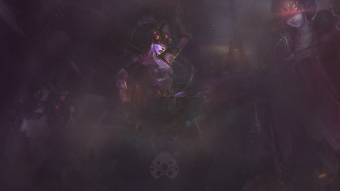 Widowmaker from Overwatch in a dark, smoky environment