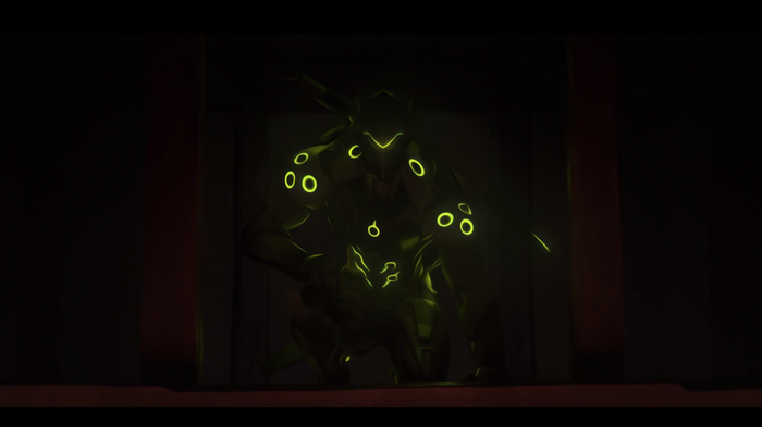 Genji from Overwatch in a dark room