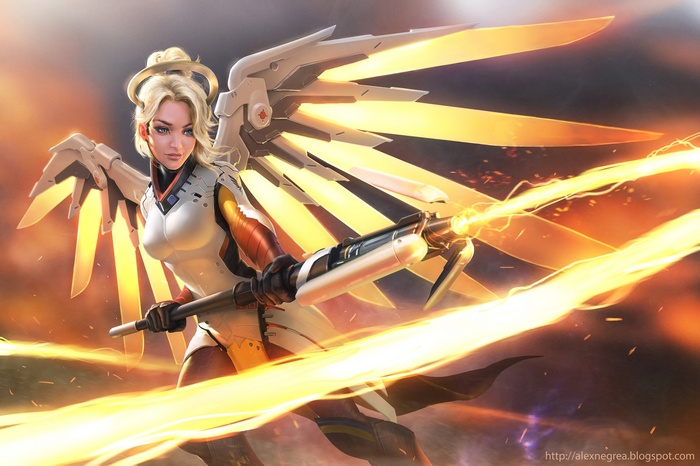 Mercy from Overwatch with glowing wings and weapon