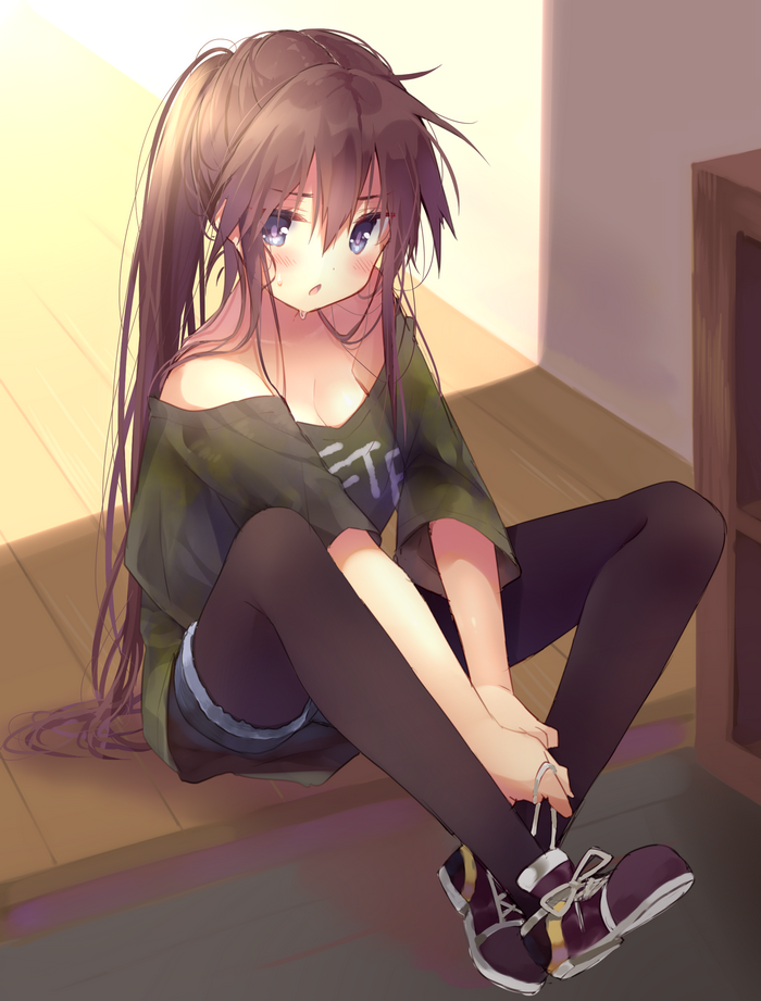 Anime girl with long brown hair sitting on the floor