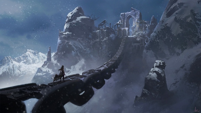 Fantasy art of a person on a chain bridge in snowy mountains