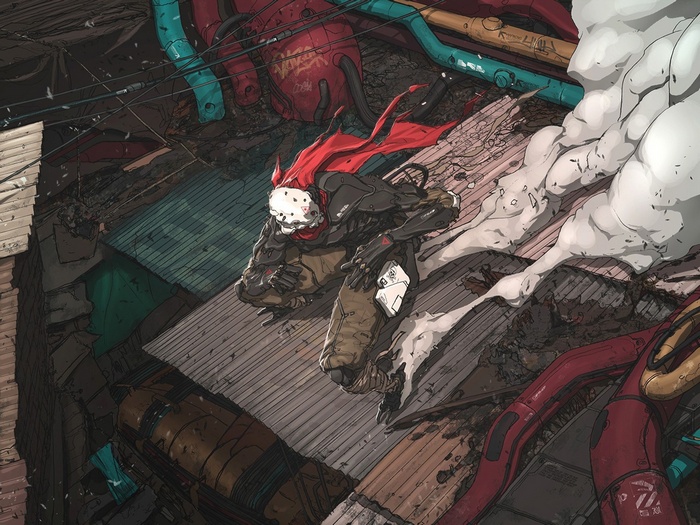 Cyborg with red cape in a dystopian city