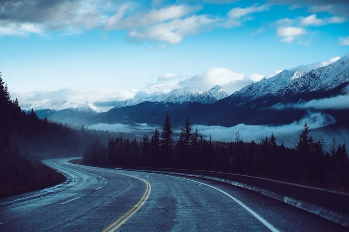 road, nature, forest, mountains