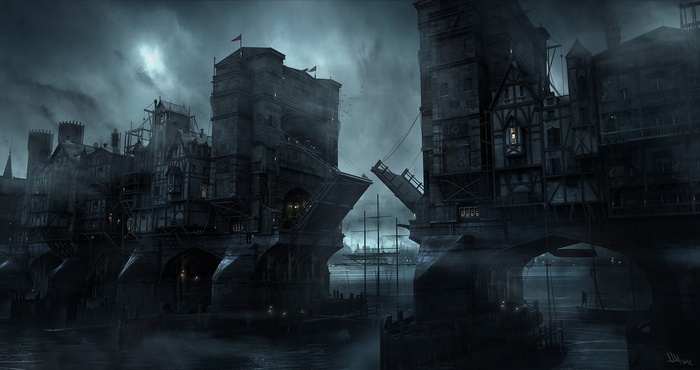 Dark fantasy city built on a bridge over a river