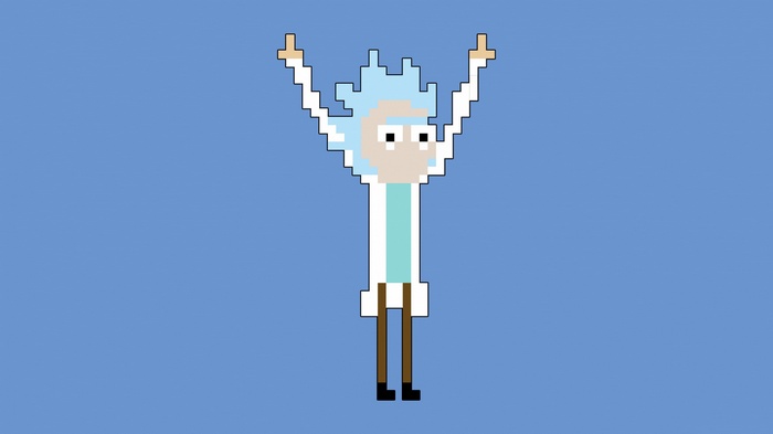 Pixelated Rick Sanchez with arms raised