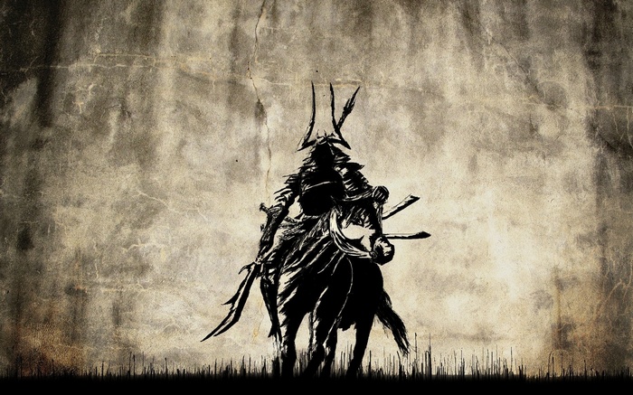 Samurai warrior on horseback with swords