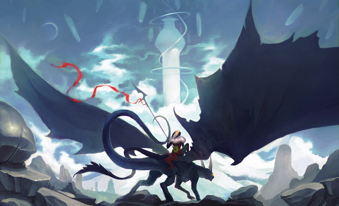 Fantasy art of a dragon rider with a spear