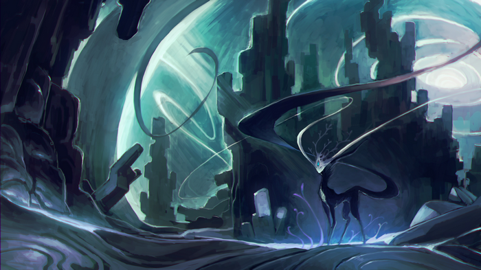 Fantasy artwork of a creature in an abstract landscape