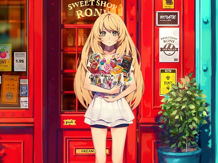 Anime girl holding candy in front of Rony Sweet Shop