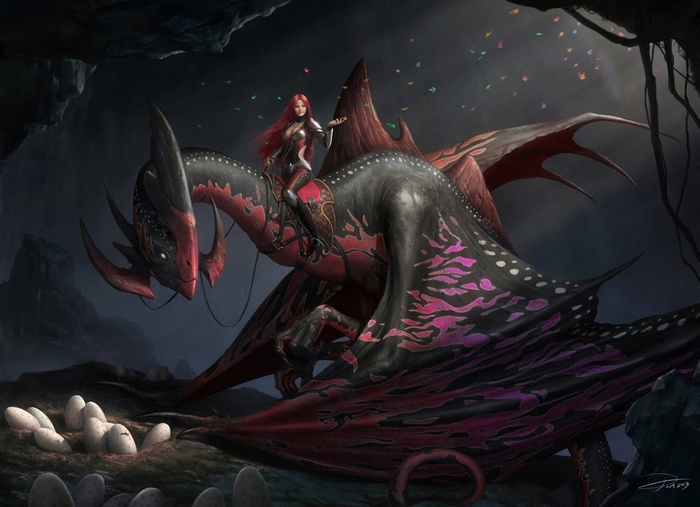 Woman riding a dragon near eggs