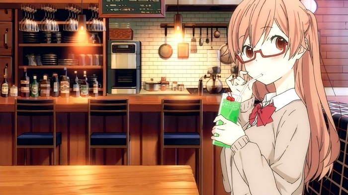 Shiraishi drinking a soda in a cafe