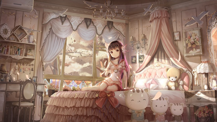 typography, bed, natural light, bowtie, in bed, fantasy girl, looking at viewer, curtains, pillow, sitting, anime girls, feathers, skirt, long hair, teddy bears, curtain, birds, cup, doll, brunette, chair, tea, window, toys, pink