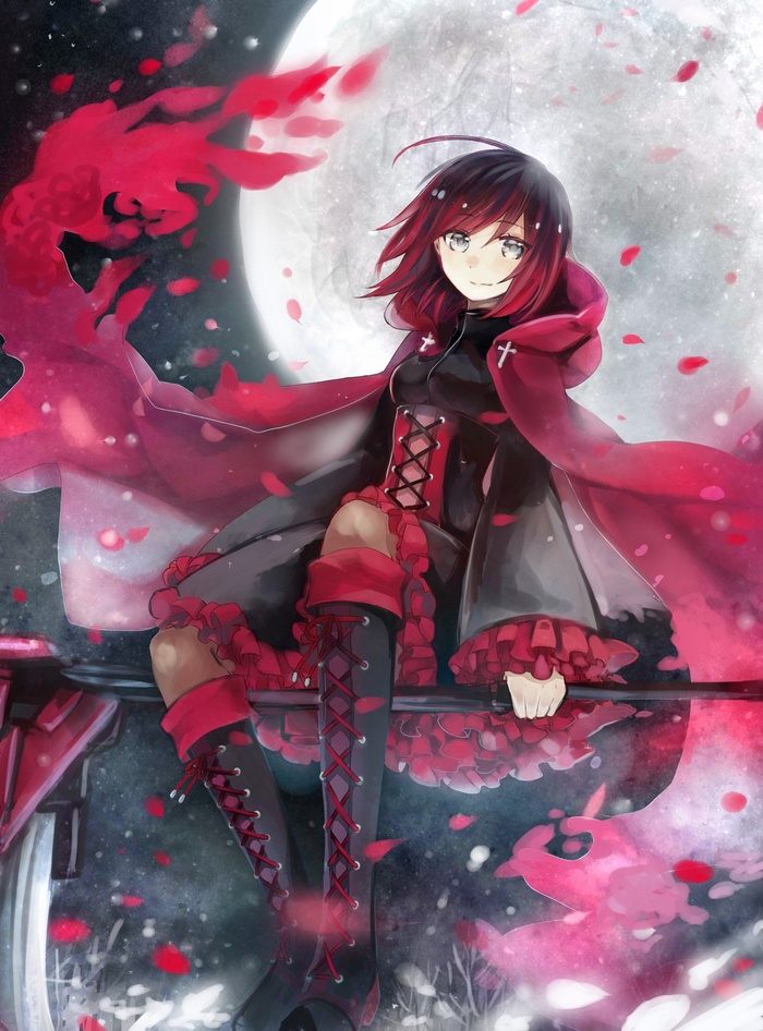 Ruby Rose from RWBY sitting under the moon