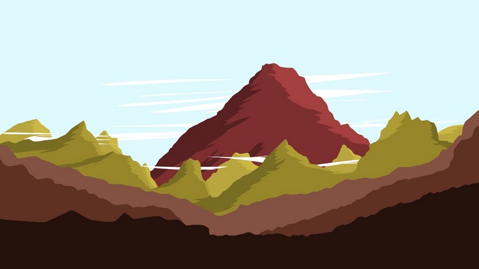 Minimalist landscape with red mountain and green hills