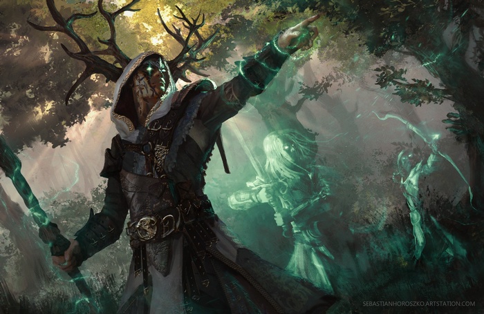 Druid with Antlers and Spectral Figures in a Forest