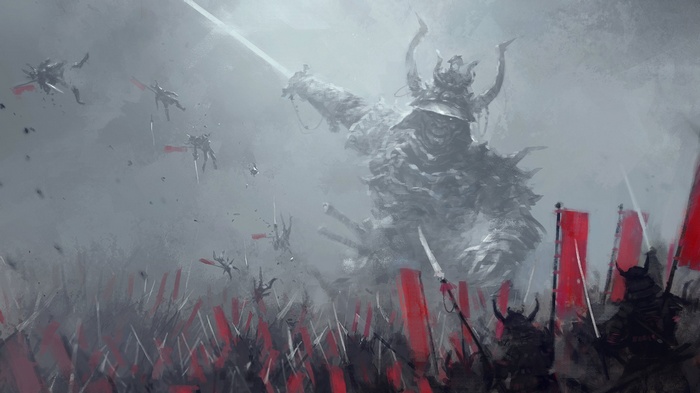 Giant Samurai Demon Battles Army of Soldiers