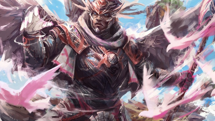 Fantasy warrior with wings and pink birds