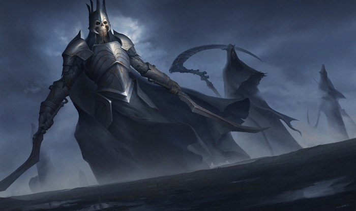 Skeleton warrior in armor with swords and scythes