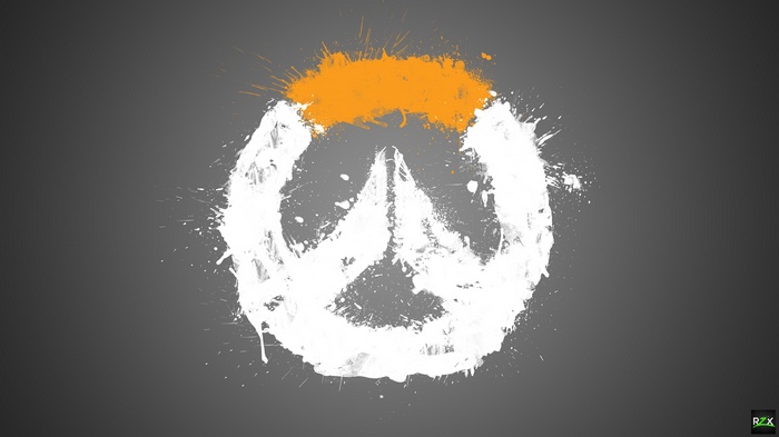 Overwatch logo with white and orange paint splatters