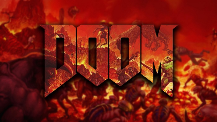 Doom video game logo with demons and a space marine
