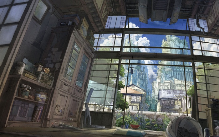Anime interior with a view of a futuristic city