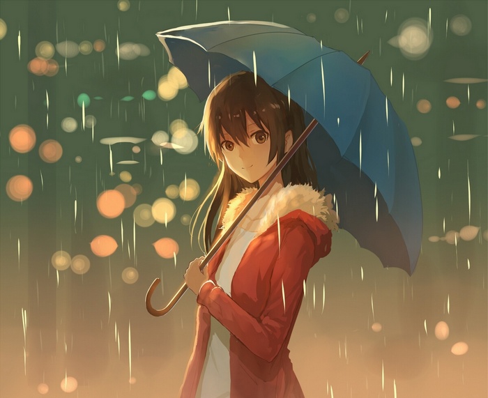 Anime girl with umbrella in the rain