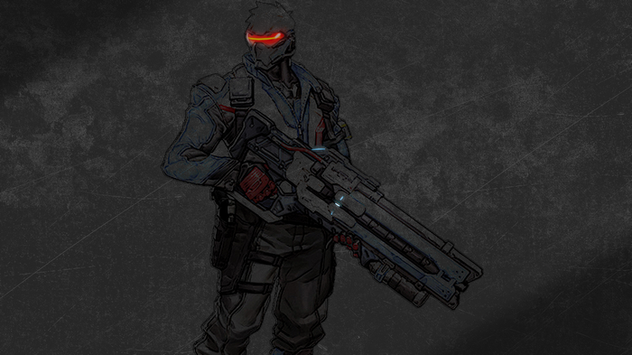 Genji from Overwatch holding a large rifle