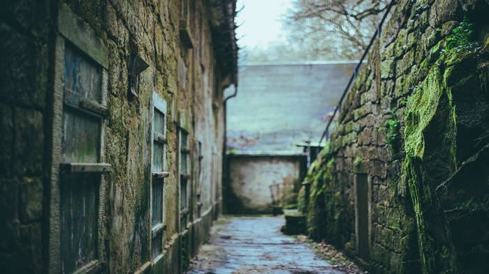Narrow stone alleyway with old buildings and moss