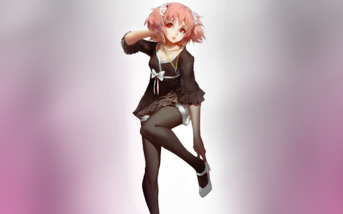Kaname Madoka in a black dress with pink hair