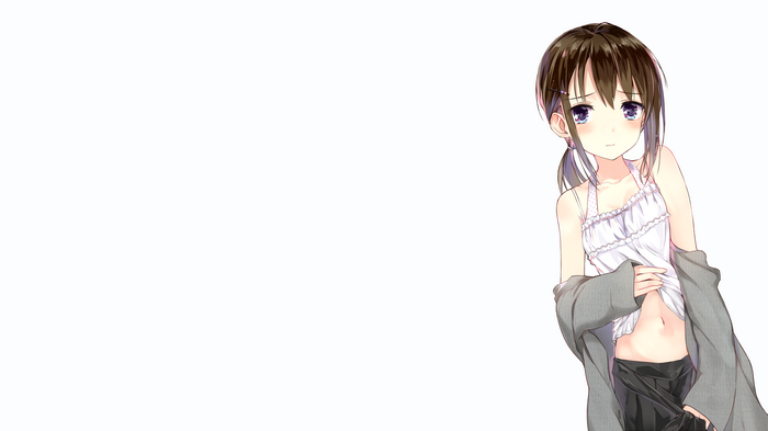 Anime girl in white camisole and gray cardigan