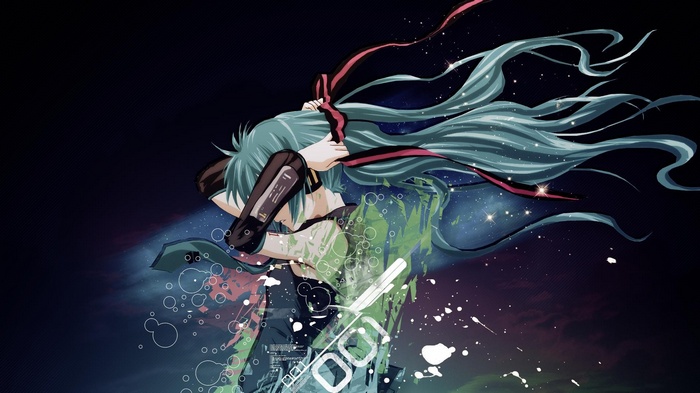 Hatsune Miku with flowing teal hair and red ribbons