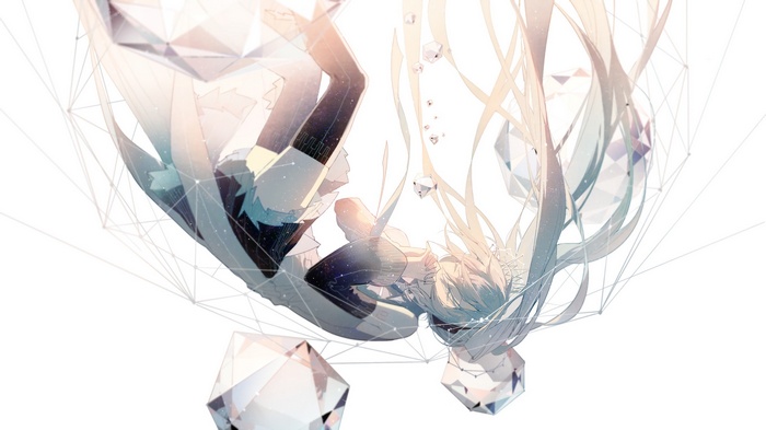 Hatsune Miku falling amidst geometric shapes and light